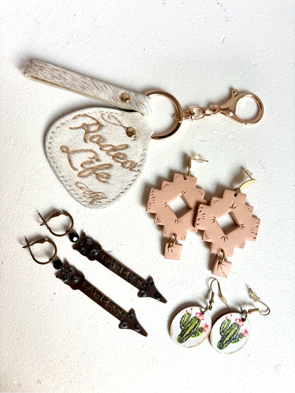 Earring bundle w White 'Rodeo Life' Leather Keychain with Gold Hardware